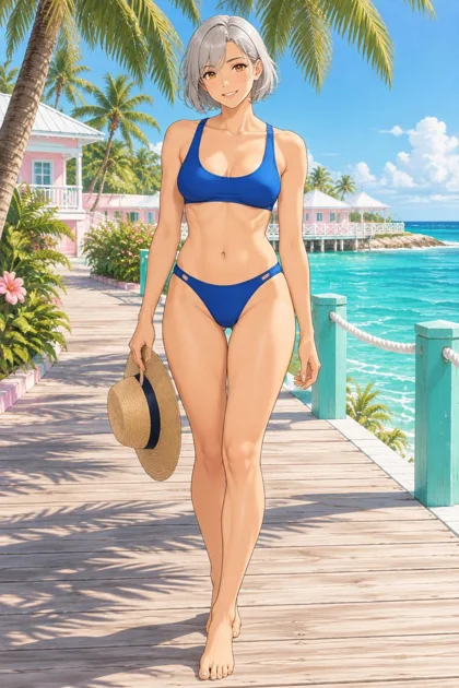 Caelune, an adult anime woman standing on a palm-lined boardwalk