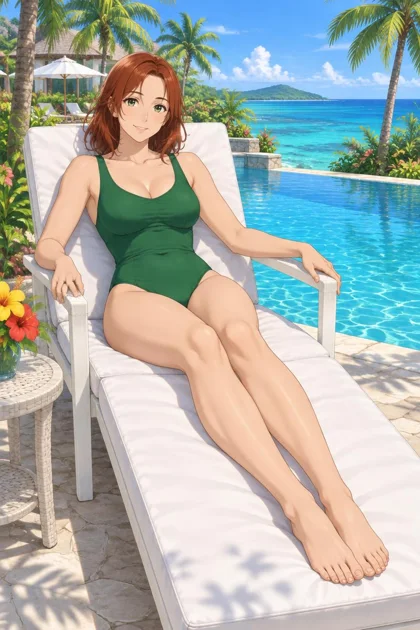 Nymelle, an adult anime woman reclining in a seaside lounge chair