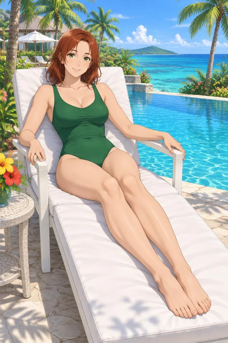 Nymelle, an adult anime woman reclining in a seaside lounge chair