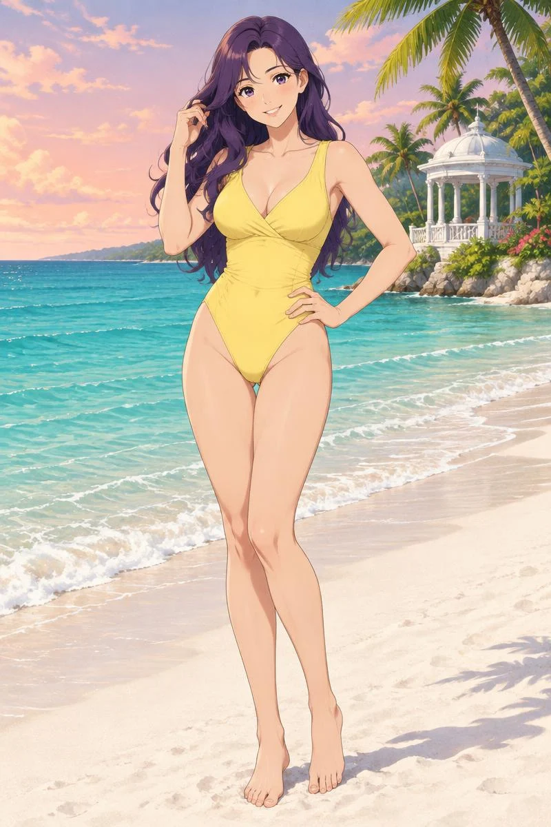 Oryselle, an adult anime woman standing by a tropical shoreline