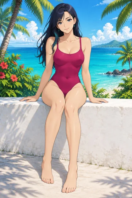 Velsira, an adult anime woman seated on a beach wall